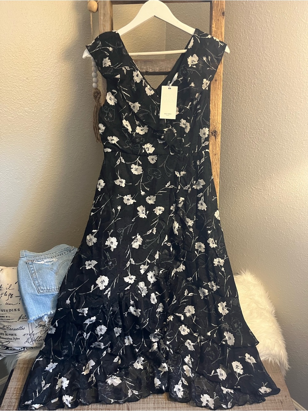 Grace Karin Black Floral Maxi Dress with White Print